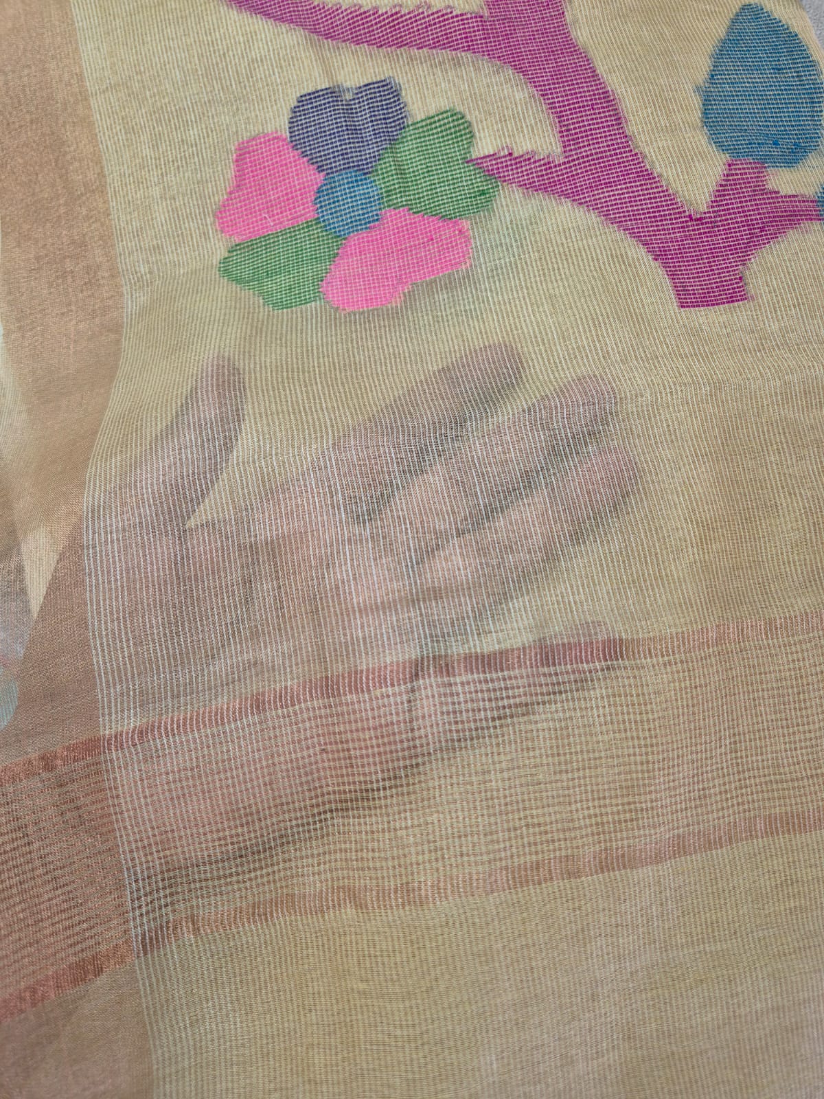 Cream Base with Pink Stems Handloom Tissue Silk Saree with Jamdani weaving