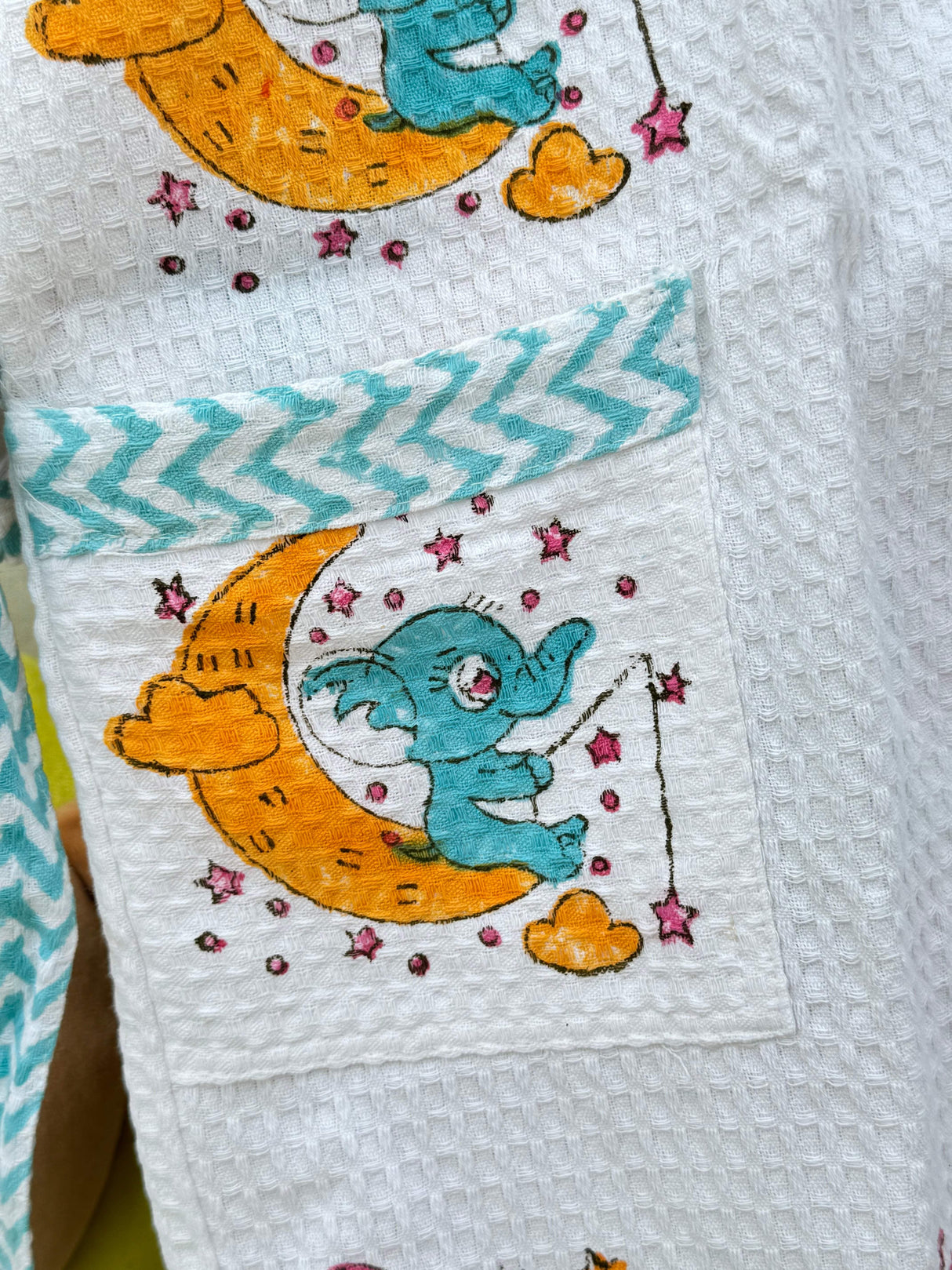 waffle cotton kids bathrobe with cute elephant block prints name embroidery option for birthday hampers and bulk gifting