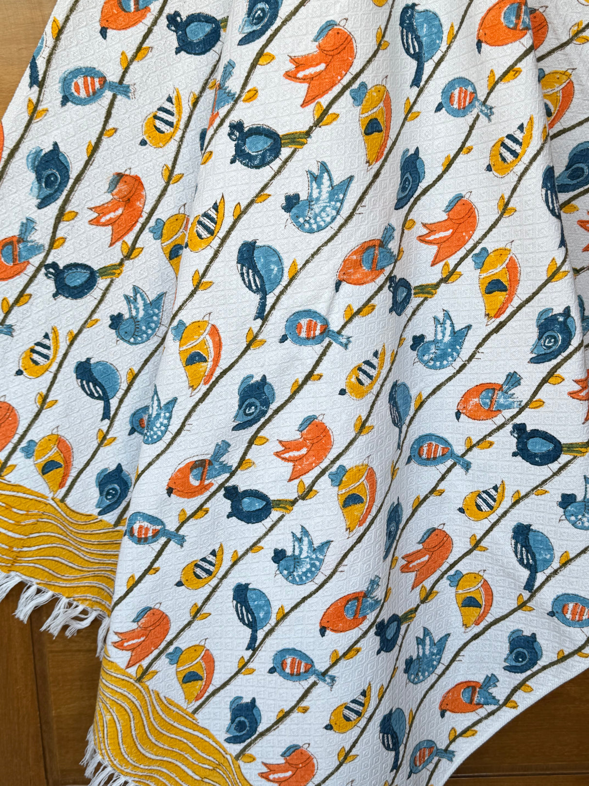 Vibrant Birds Blockprint Kids Towel – Cotton Jacquard Weave