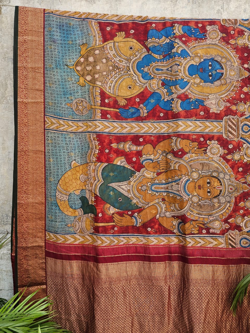 Indian Mythology - Dashavtaram Theme Pure Kanjivaram Silk Kalamkari Saree