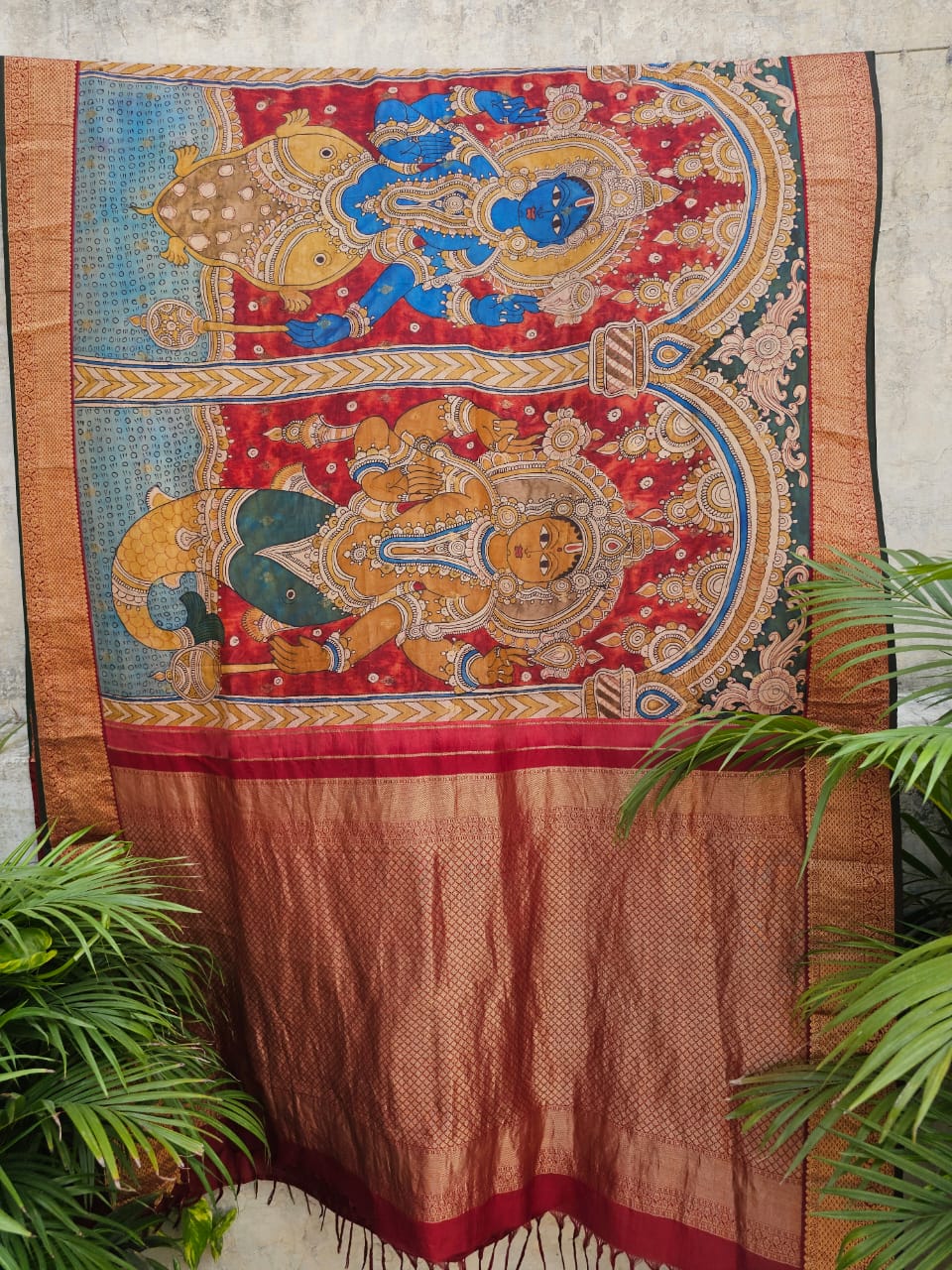 Indian Mythology - Dashavtaram Theme Pure Kanjivaram Silk Kalamkari Saree
