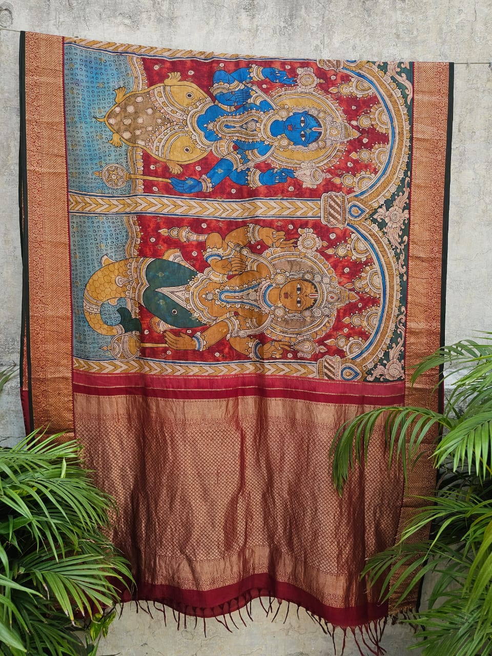 Indian Mythology - Dashavtaram Theme Pure Kanjivaram Silk Kalamkari Saree