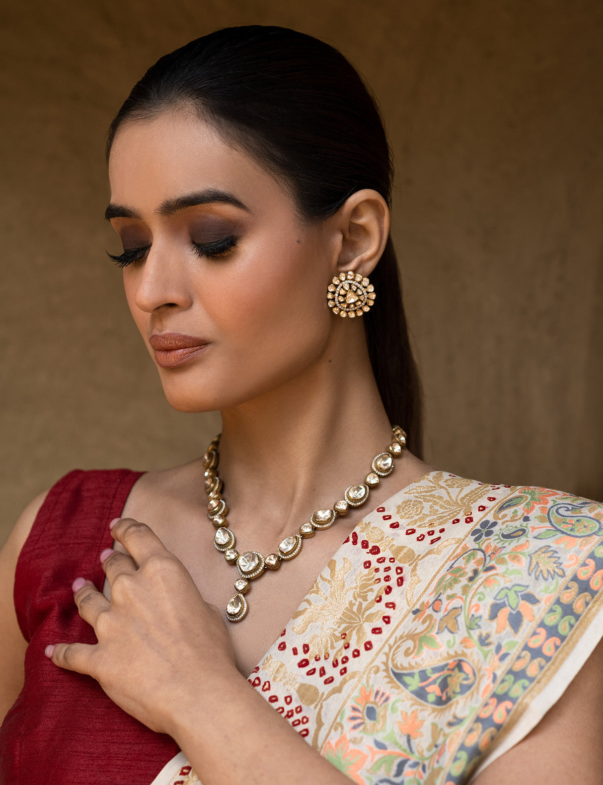 Elegant and Modern Moissanite Polki 92.5 Silver Necklace and Earrings with Victorian Finish