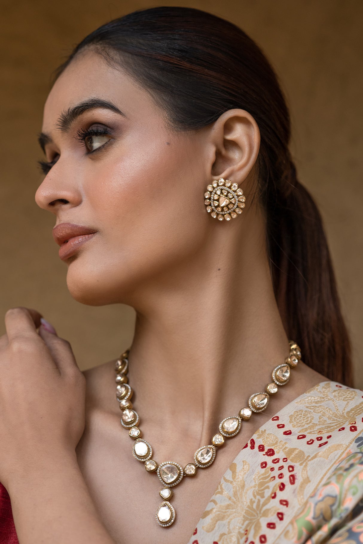 Elegant and Modern Moissanite Polki 92.5 Silver Necklace and Earrings with Victorian Finish