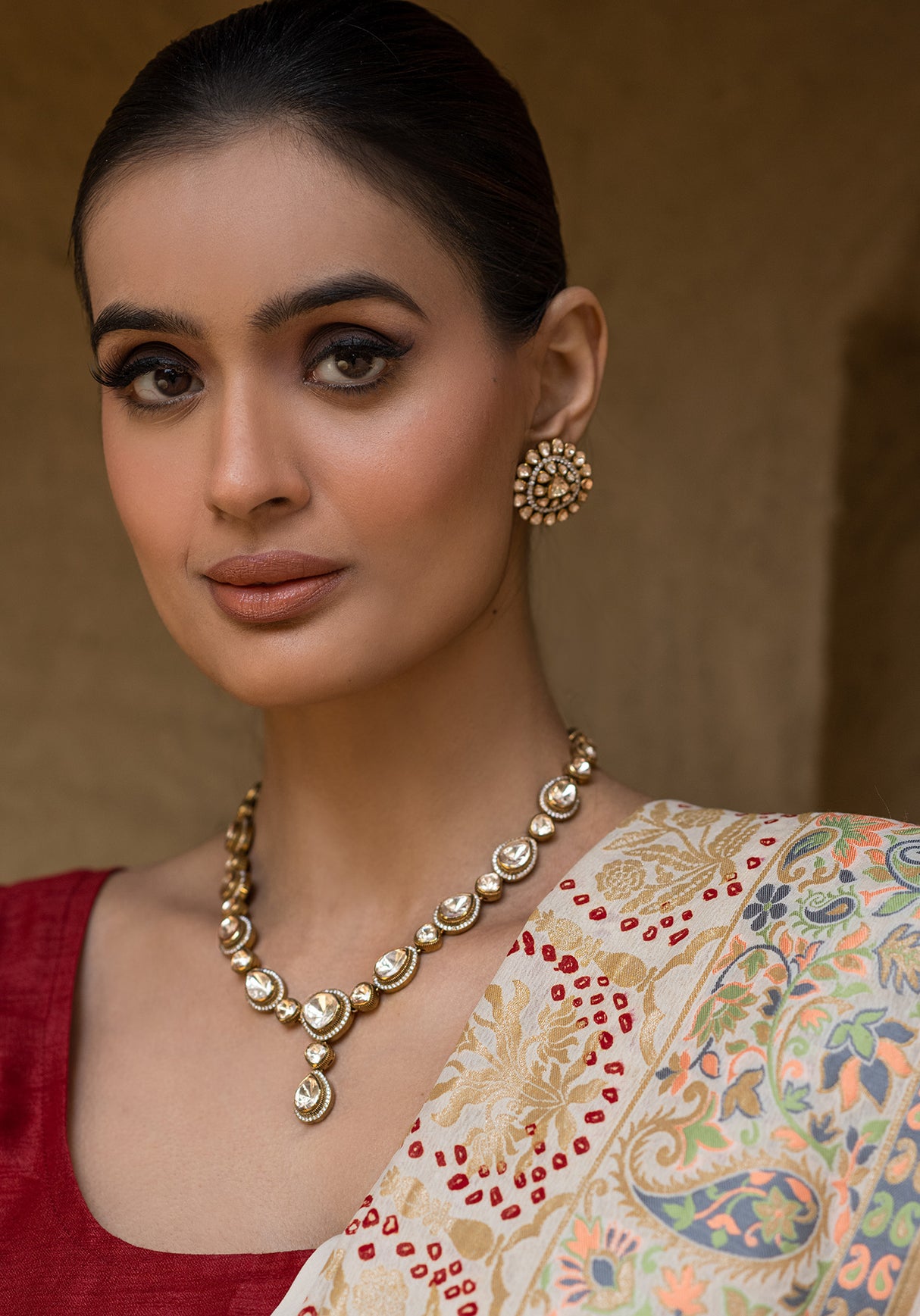 Elegant and Modern Moissanite Polki 92.5 Silver Necklace and Earrings with Victorian Finish