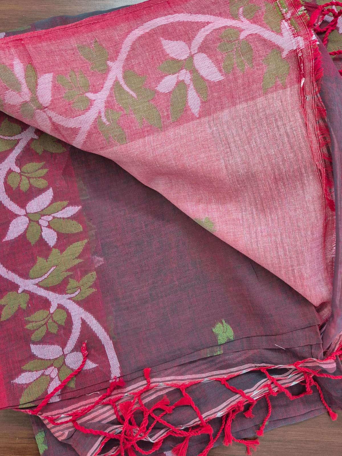 Elegant Mulmul Cotton Saree made on Jacquard Loom in Dhoop Chao Crimson Green Colour