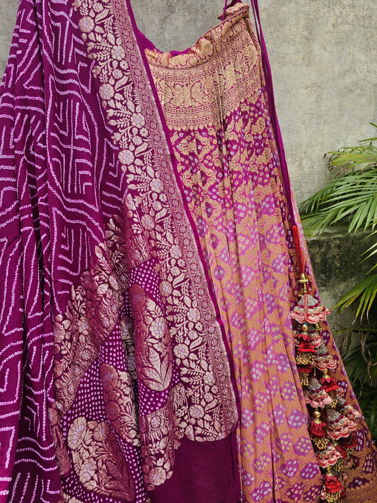 dual-shade-of-plum-magenta-pure-banarsi-georgette-bandhani-lehenga