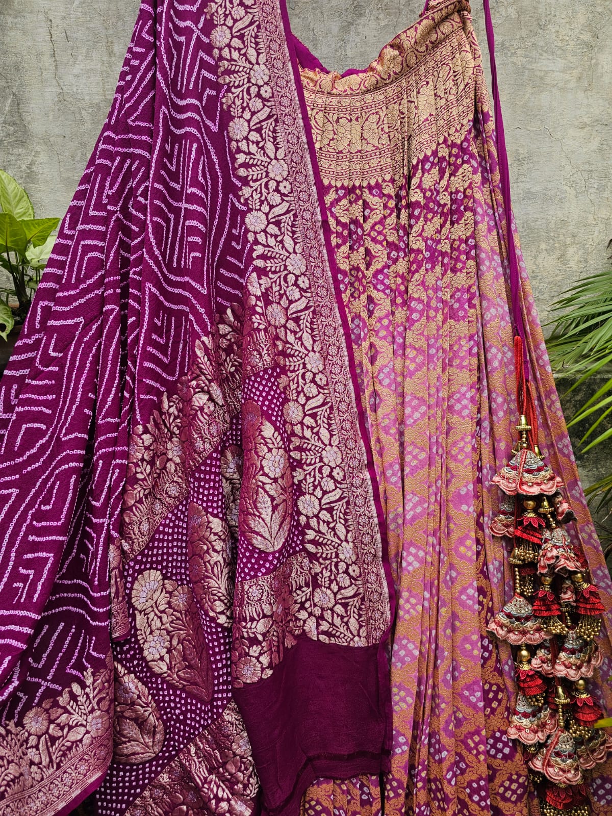dual-shade-of-plum-magenta-pure-banarsi-georgette-bandhani-lehenga