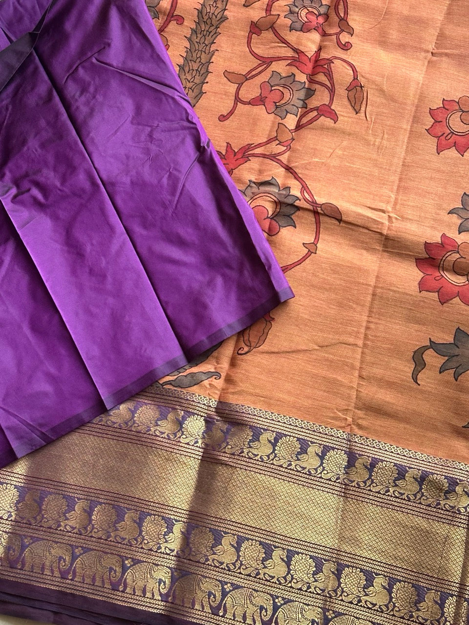 dull-orange-floral-cotton-kalamkari-saree-blouse-piece