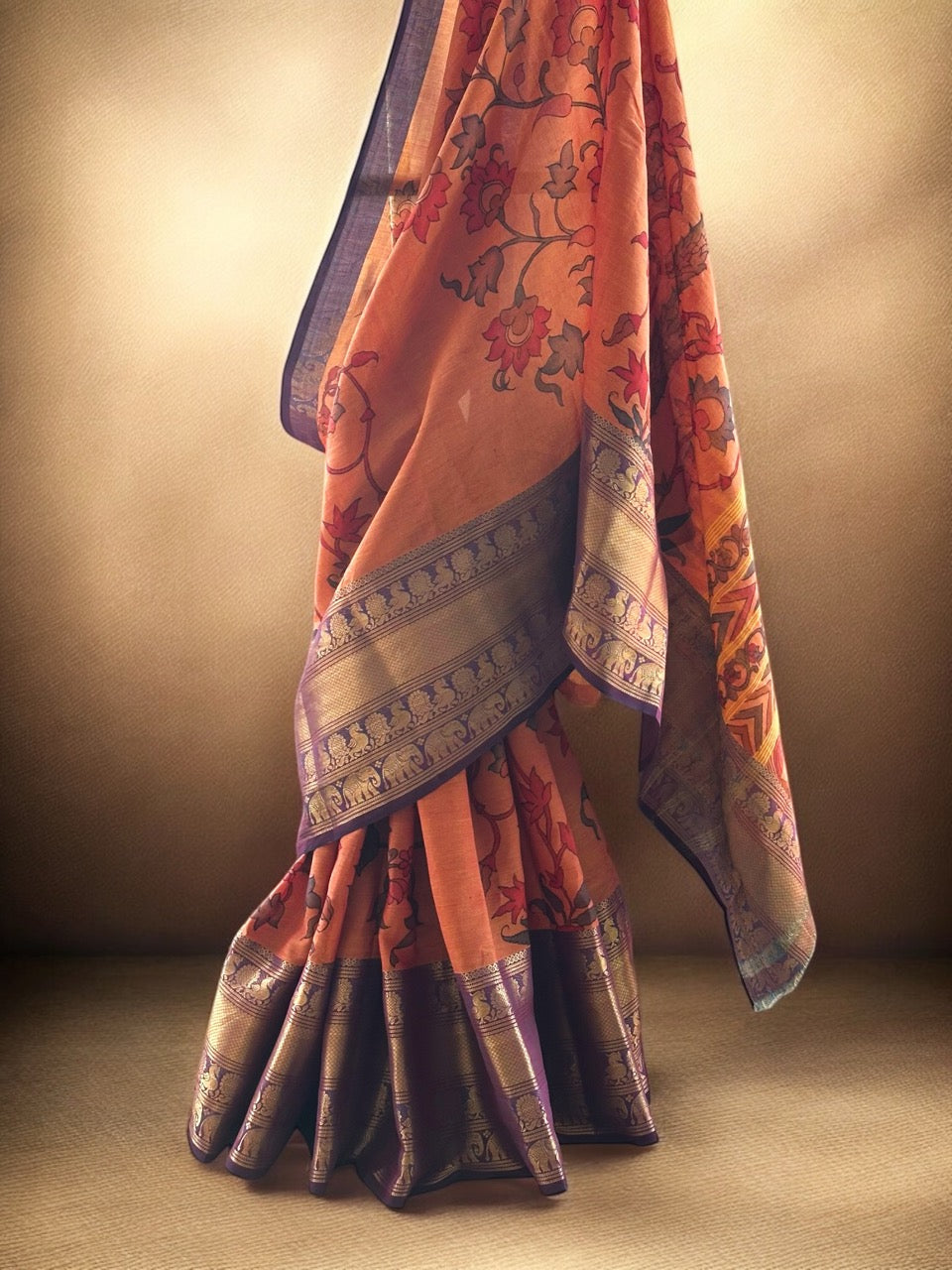 dull-orange-floral-cotton-kalamkari-saree-full-length-view