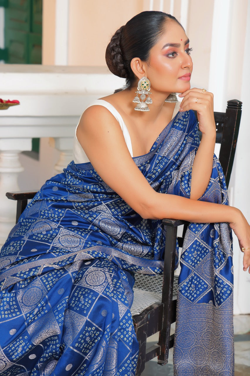 Blue Dupion Banarsi Silk Bandhani Saree