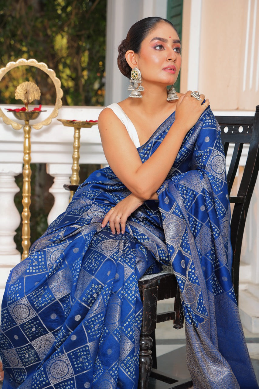 Blue Dupion Banarsi Silk Bandhani Saree