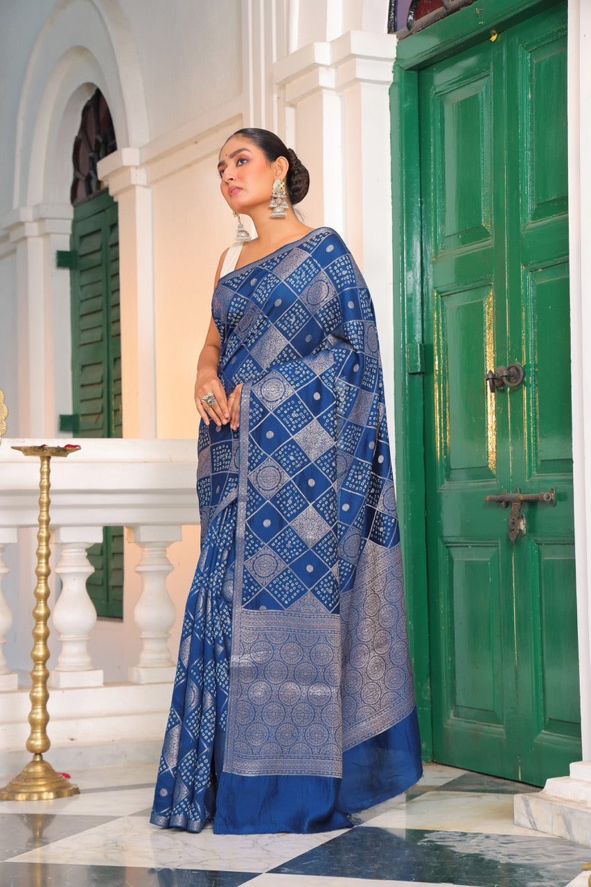 Blue Dupion Banarsi Silk Bandhani Saree