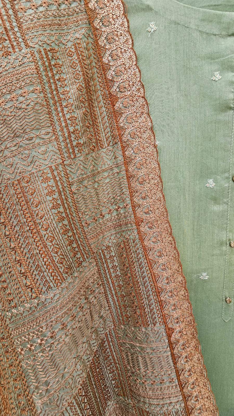 Lovely Green 3-pc Chanderi Mulmul Semi Stitched Suit Set