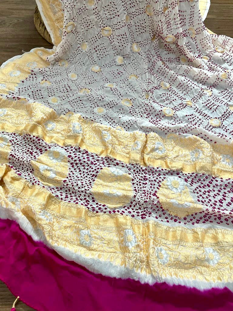 Ivory Pure Banarsi Georgette Rai Bandhani Dupatta