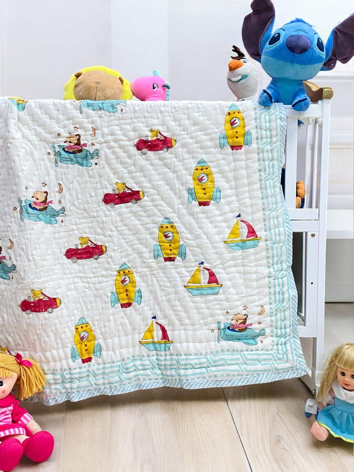 airplane car rocket print mulmul cotton quilt for toddler boys perfect for gifting in school events