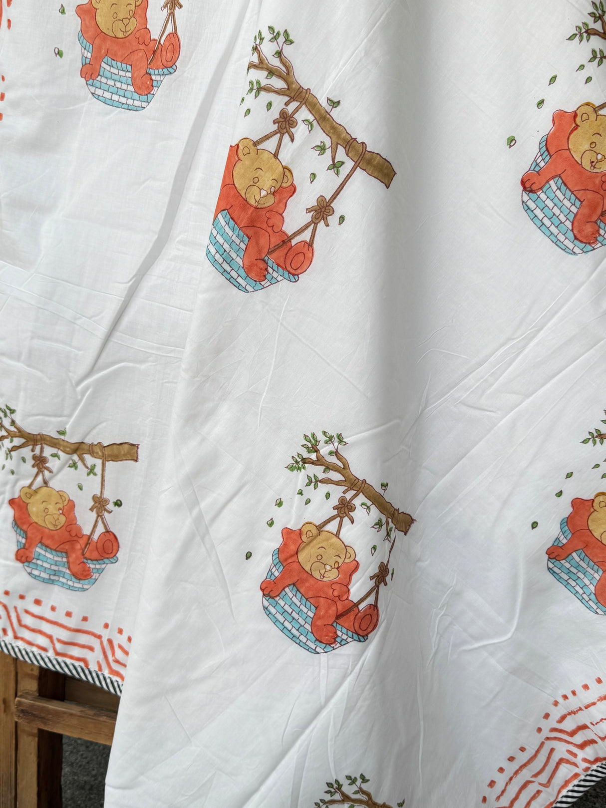 baby gift cotton dohar teddy on tree swing polka dots other side made in india by artisans