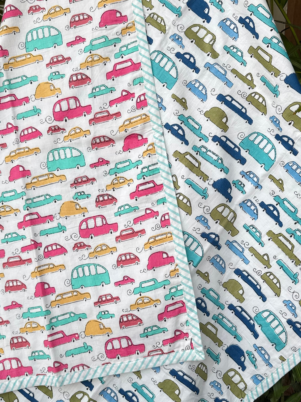 cotton flannel reversible baby blanket car theme sustainable breathable summer bedding for kids handcrafted in jaipur for retail and wholesale international orders