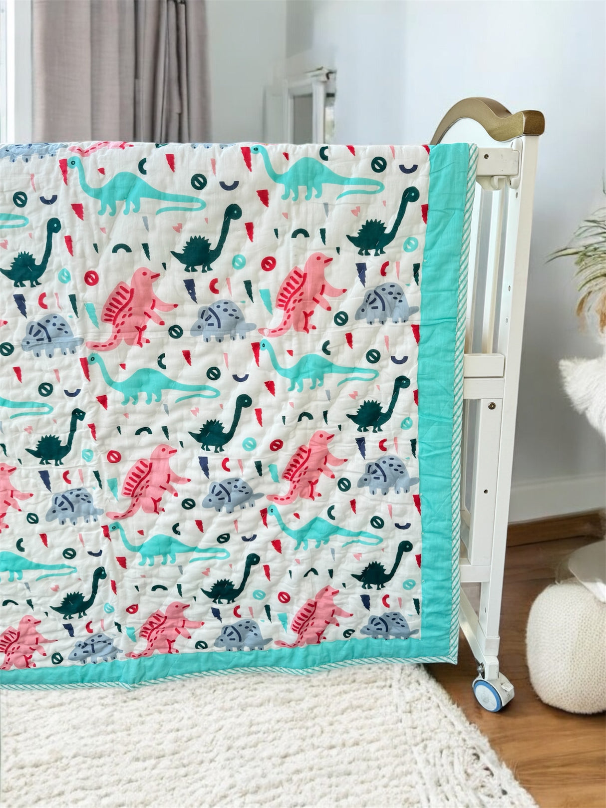 block printed turquoise dinosaur theme baby blanket in breathable cotton for resale in USA and Dubai