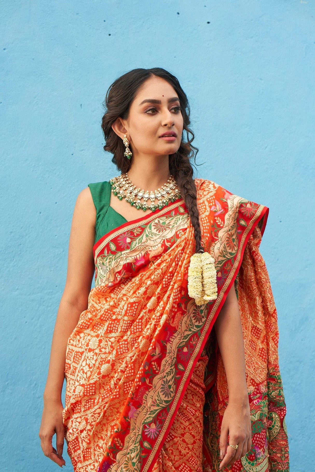 Vibrant Orange and Red Handloom Pure Banarsi Georgette Bandhani Saree