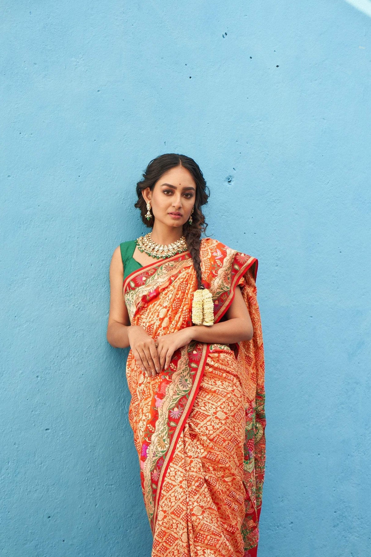 Vibrant Orange and Red Handloom Pure Banarsi Georgette Bandhani Saree