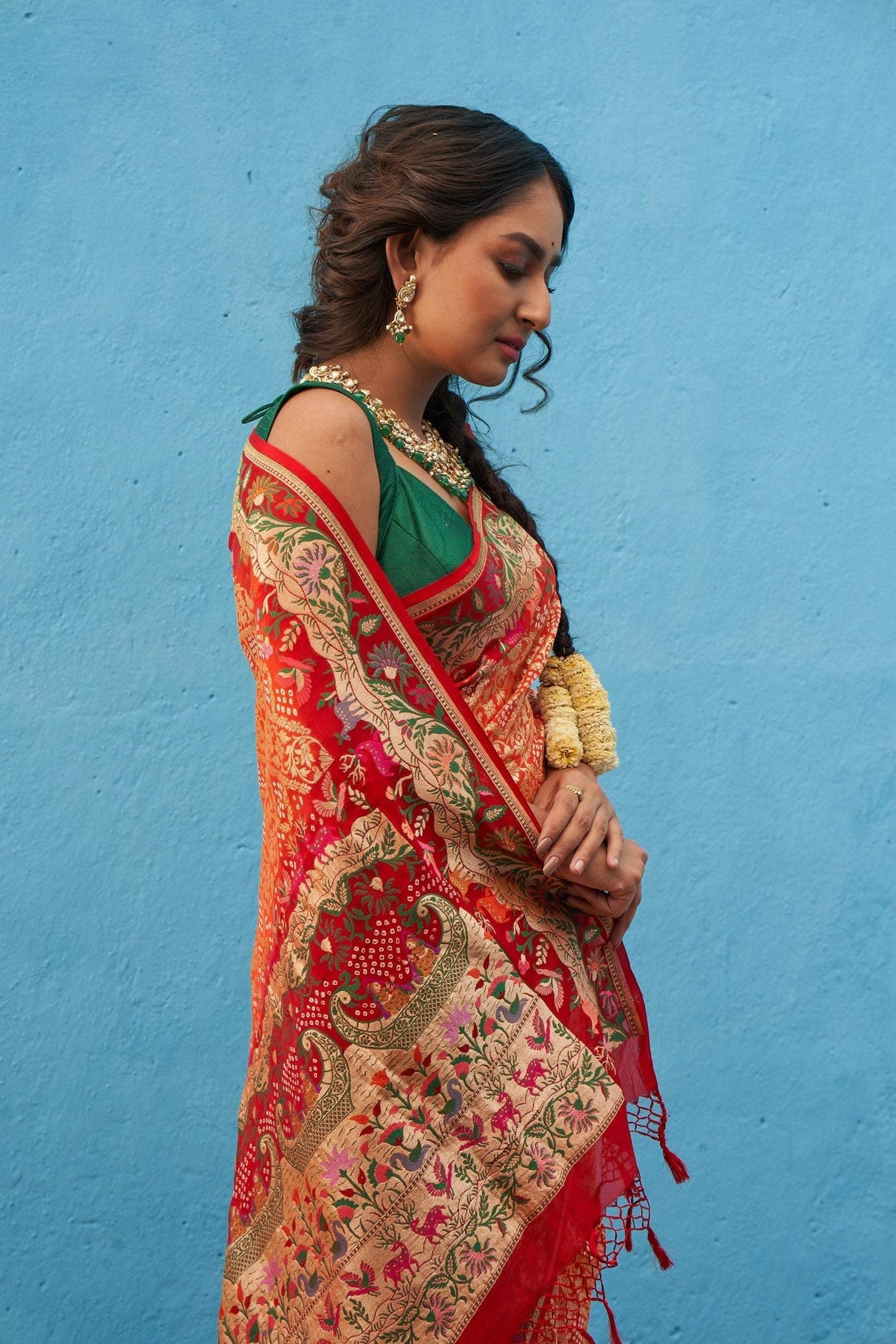 Vibrant Orange and Red Handloom Pure Banarsi Georgette Bandhani Saree