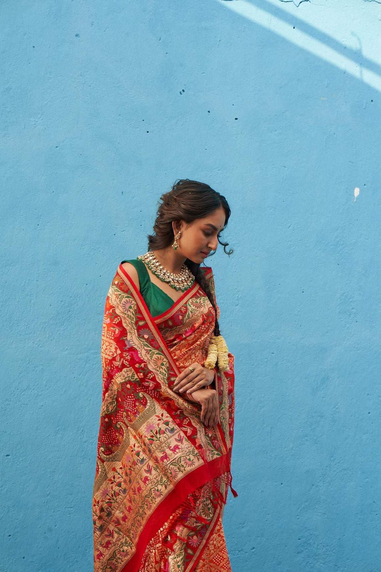 Vibrant Orange and Red Handloom Pure Banarsi Georgette Bandhani Saree