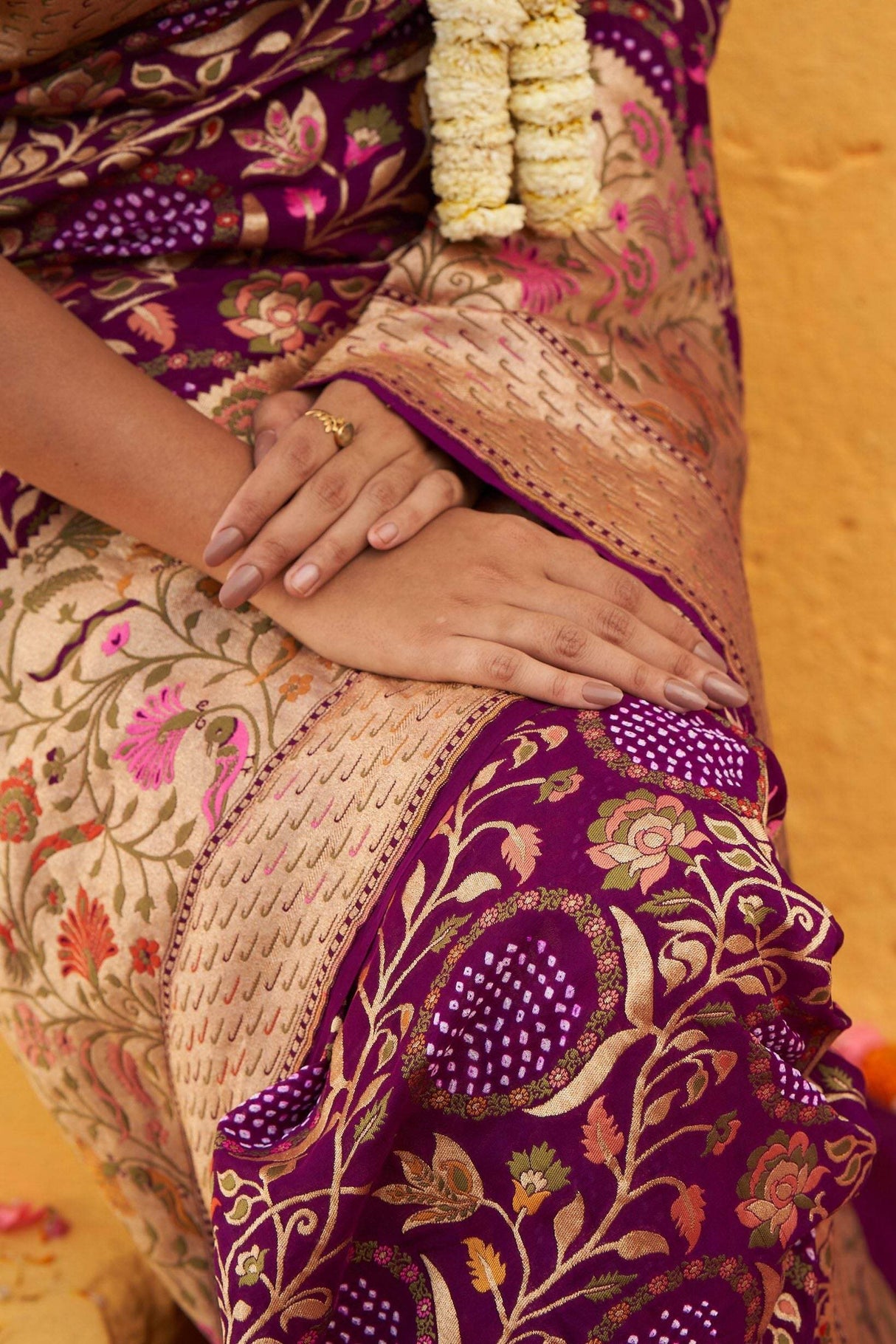 Alluring Wine Shade Handloom Pure Banarsi Georgette Bandhani Saree