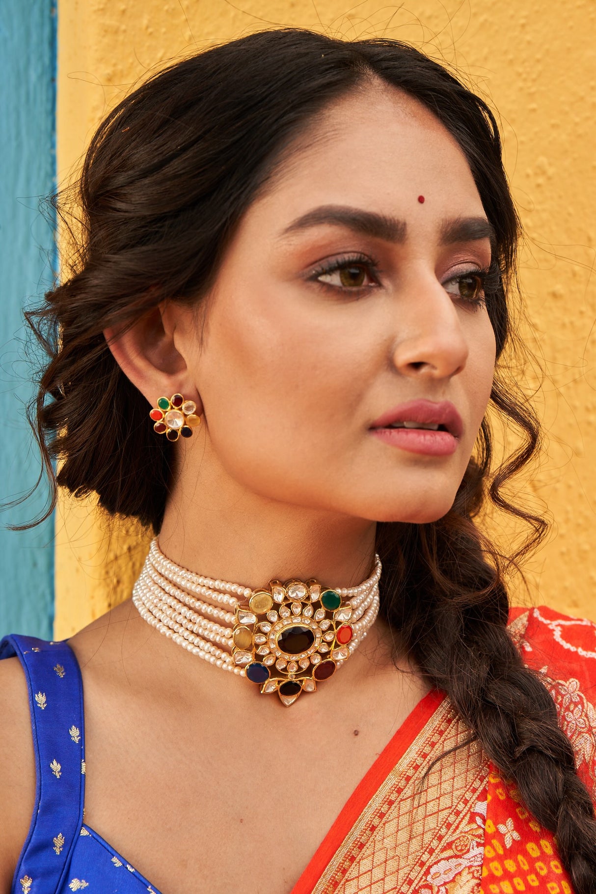 Handcrafted 92.5 Silver Navratna Choker with Earrings
