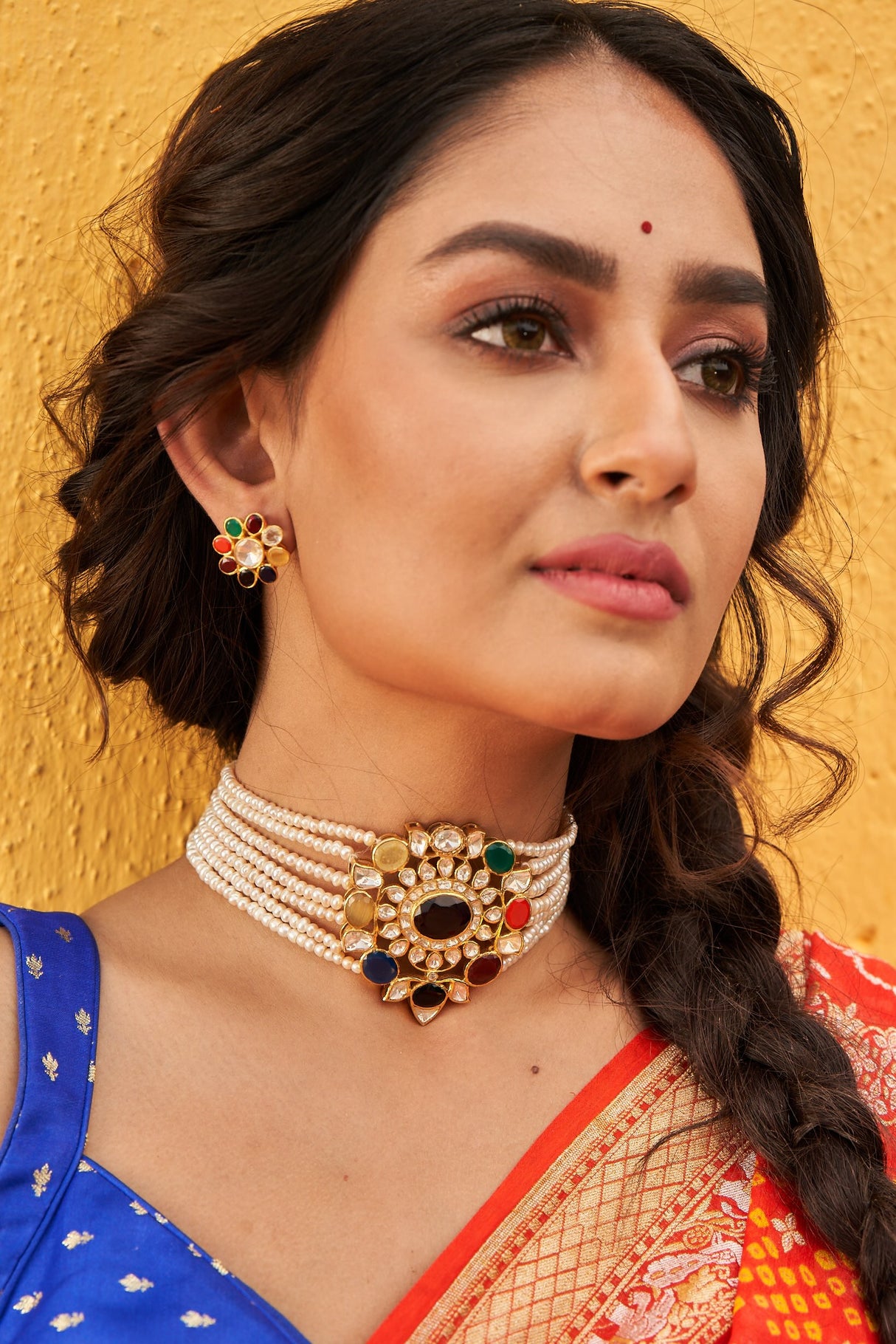 Handcrafted 92.5 Silver Navratna Choker with Earrings