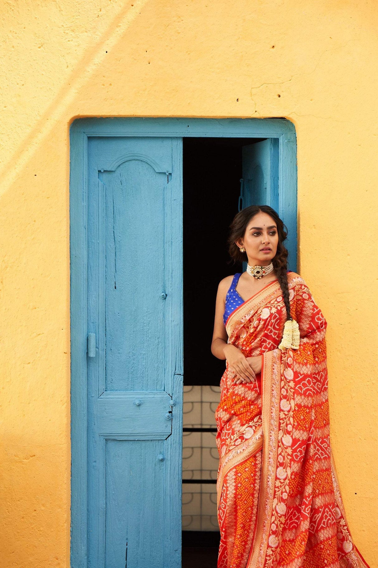 Radiant Orange Handloom Pure Banarsi Georgette Rai Bandhani Saree