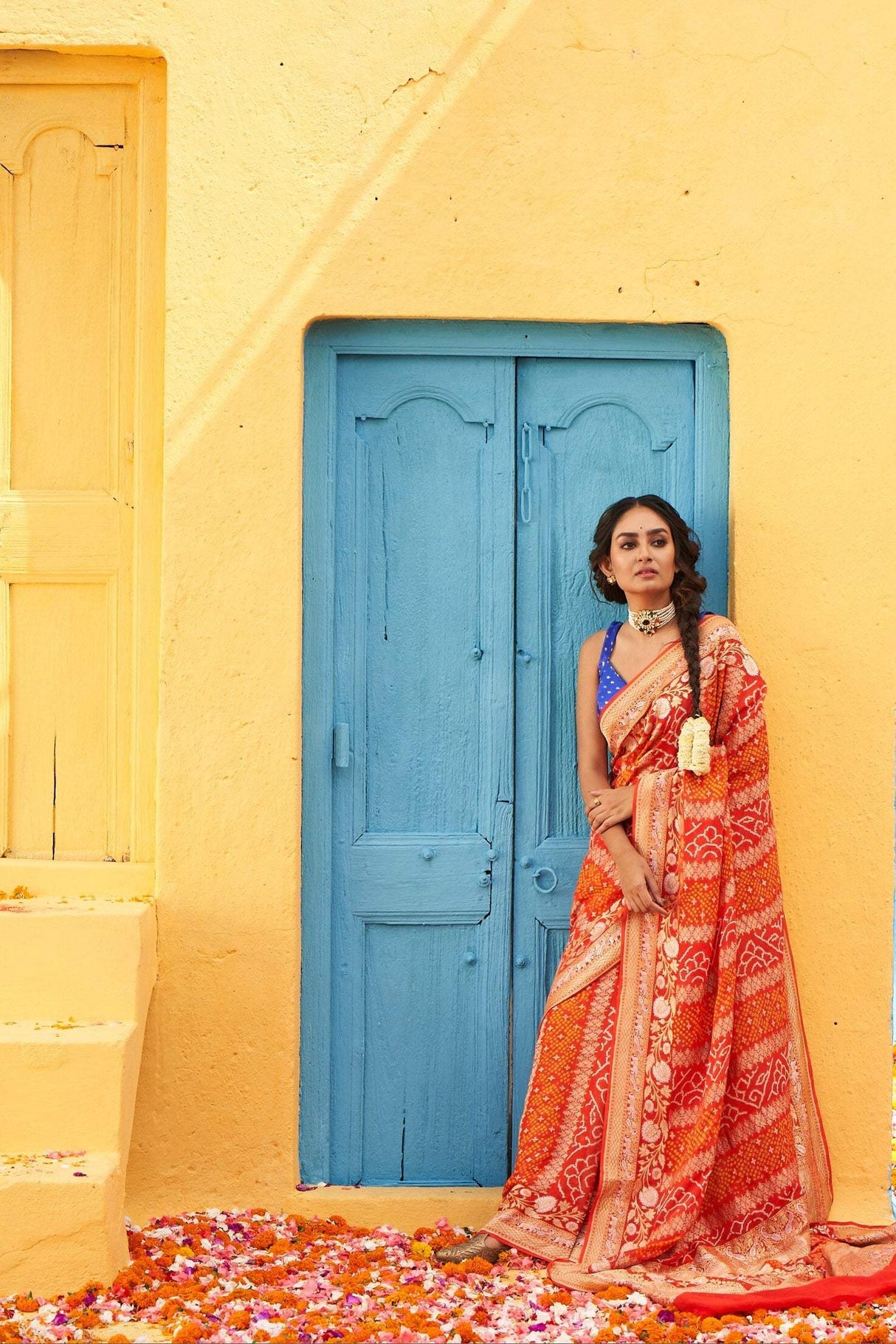 Radiant Orange Handloom Pure Banarsi Georgette Rai Bandhani Saree