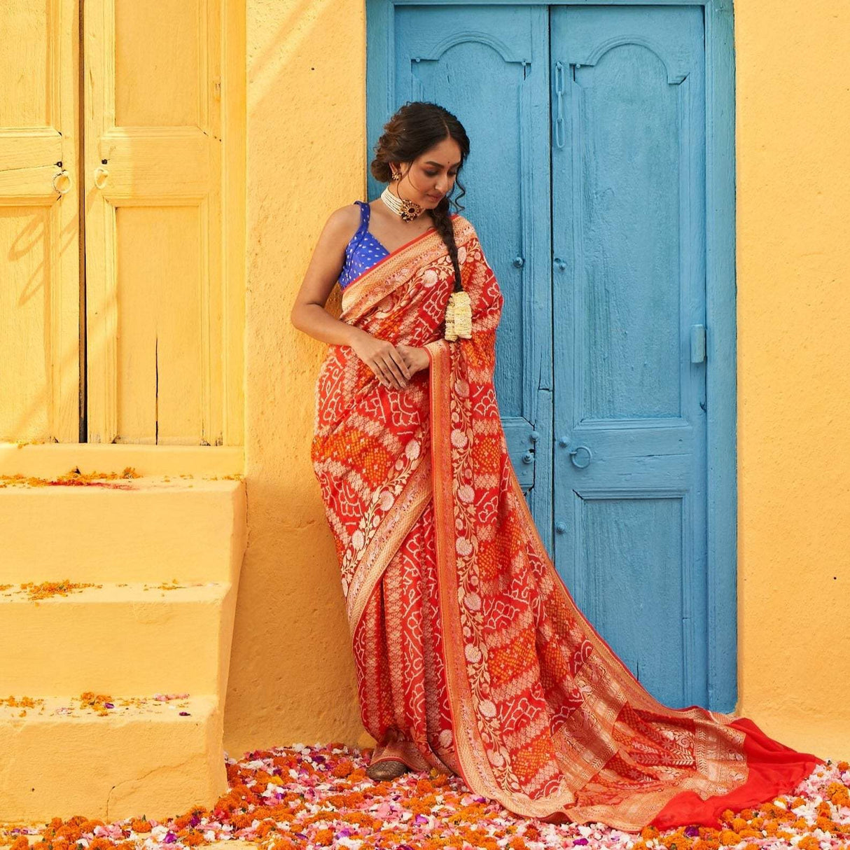 Radiant Orange Handloom Pure Banarsi Georgette Rai Bandhani Saree