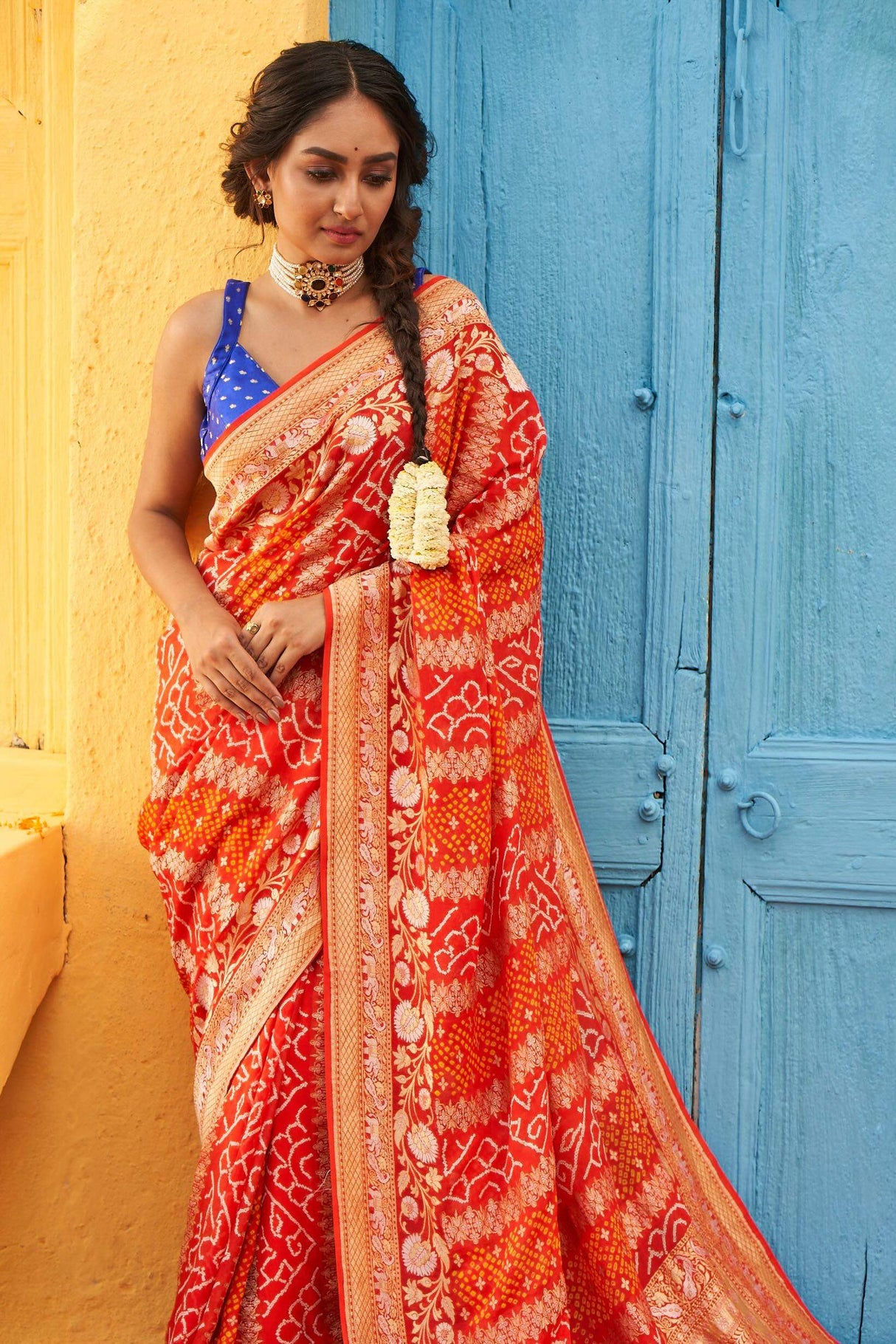 Radiant Orange Handloom Pure Banarsi Georgette Rai Bandhani Saree