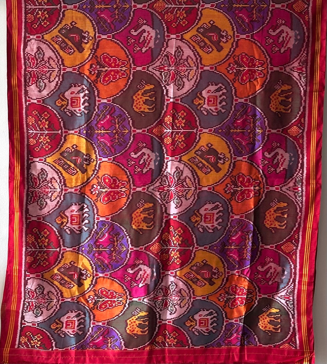 elegant-handloom-red-mulberry-silk-ikat-patola-saree-with-animal-motifs