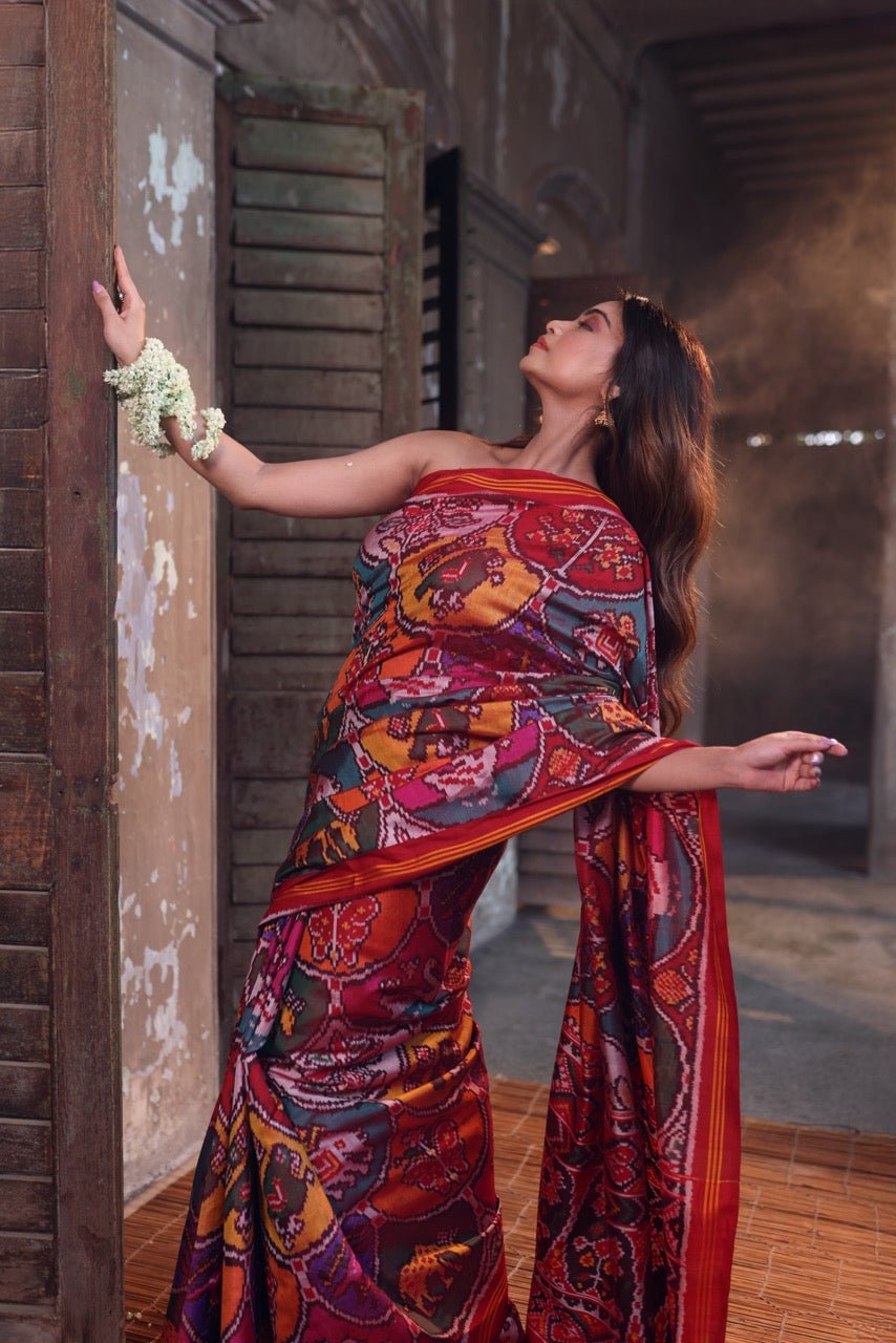 elegant-handloom-red-mulberry-silk-ikat-patola-saree-with-animal-motifs