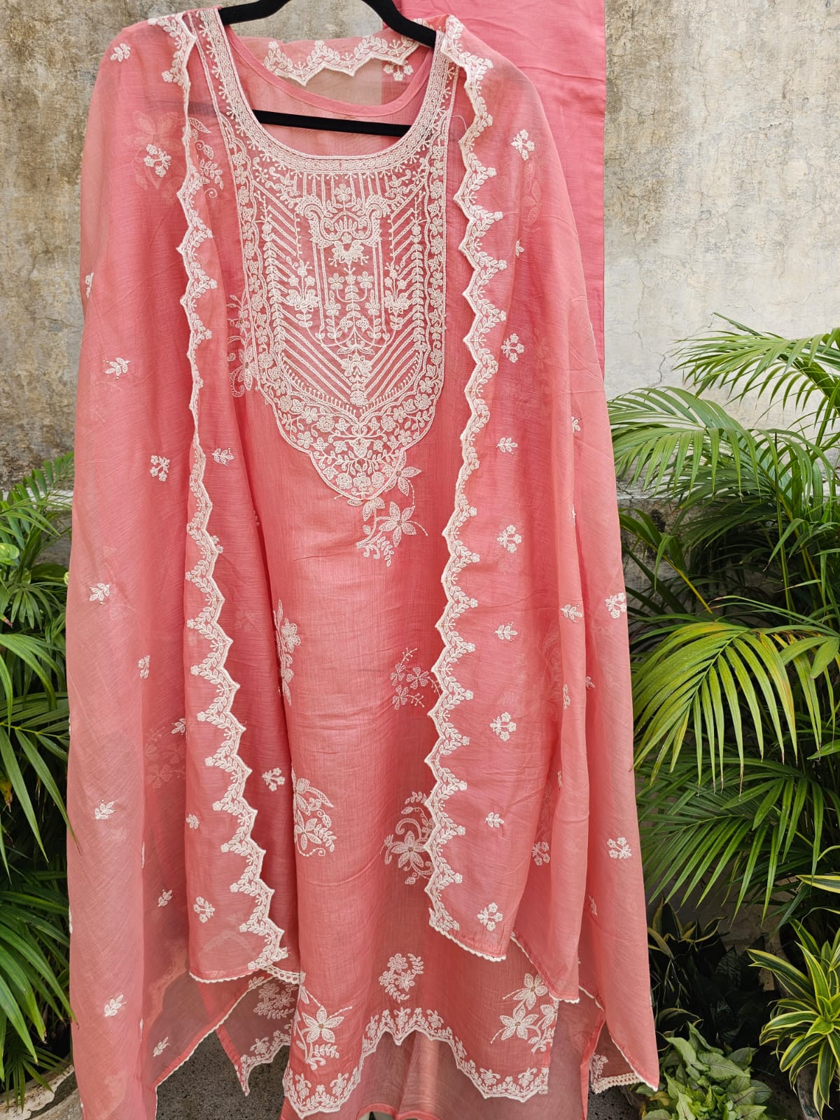 Elegant Pink Floral Machine Embroidered Three Piece Chanderi Mulmul Semi Stitched Suit Set