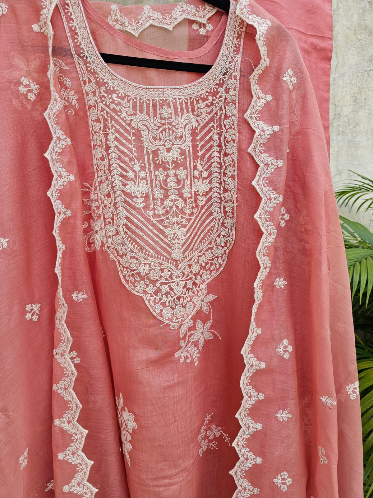 Elegant Pink Floral Machine Embroidered Three Piece Chanderi Mulmul Semi Stitched Suit Set
