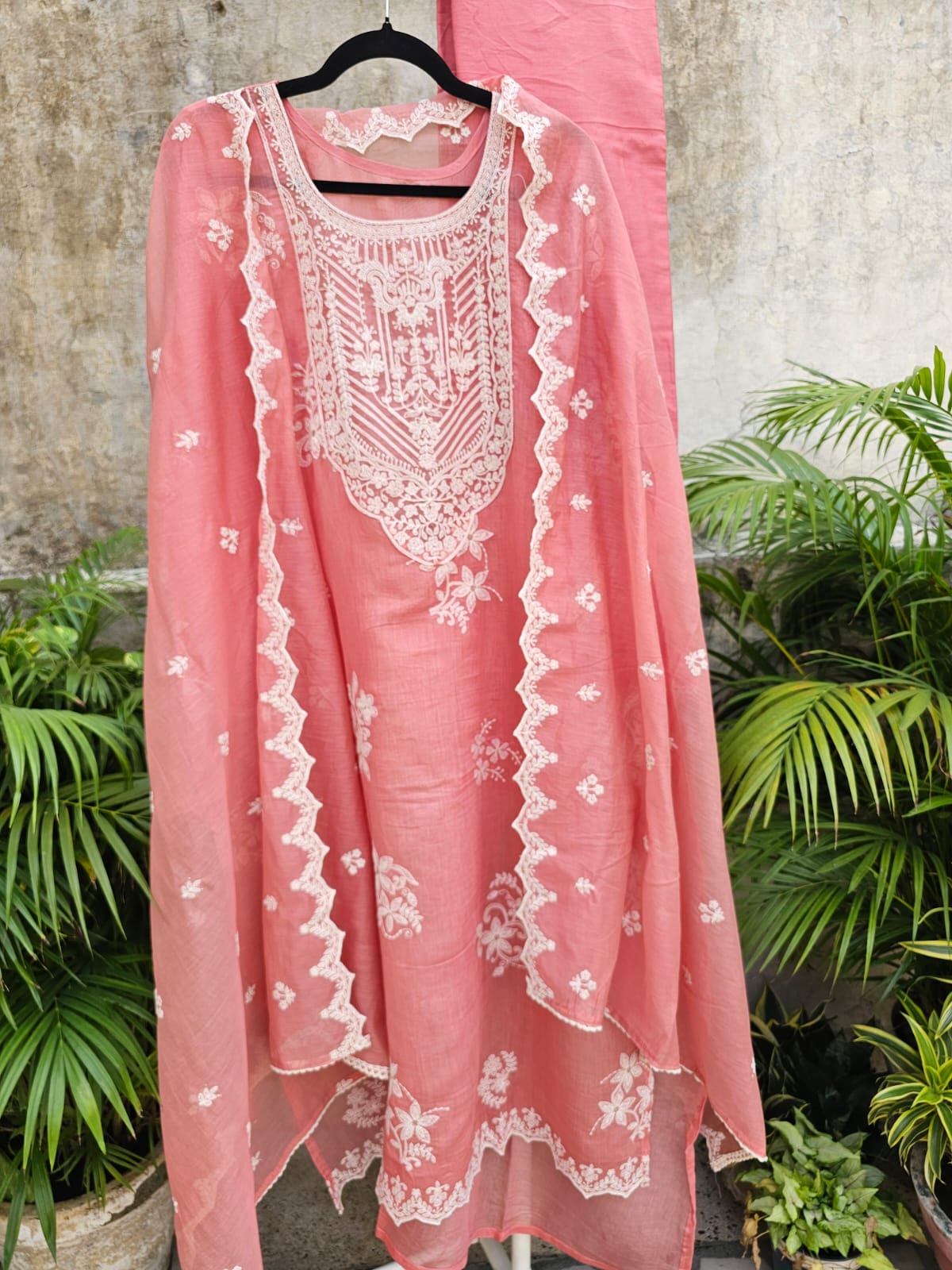 Elegant Pink Floral Machine Embroidered Three Piece Chanderi Mulmul Semi Stitched Suit Set