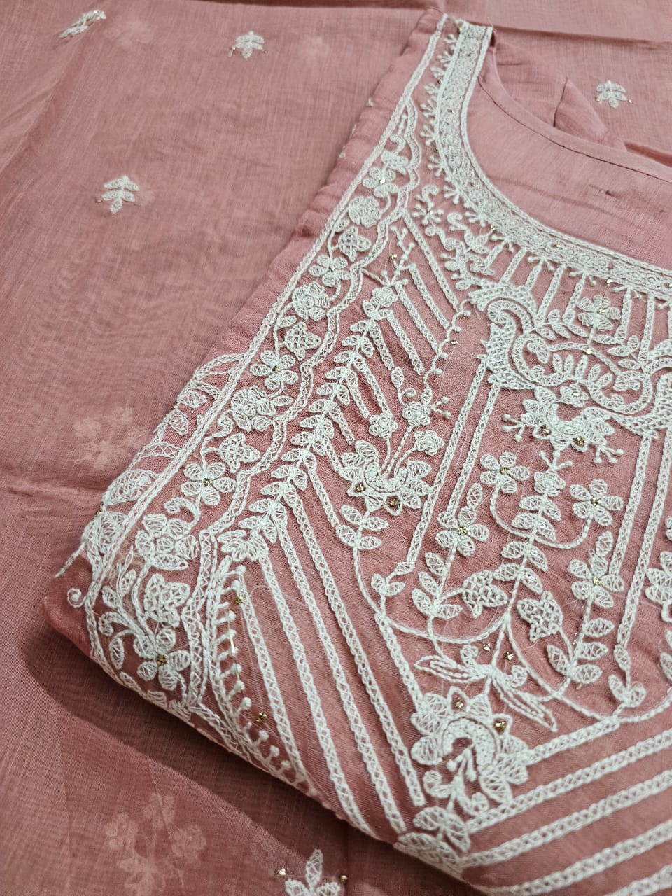 Elegant Pink Floral Machine Embroidered Three Piece Chanderi Mulmul Semi Stitched Suit Set
