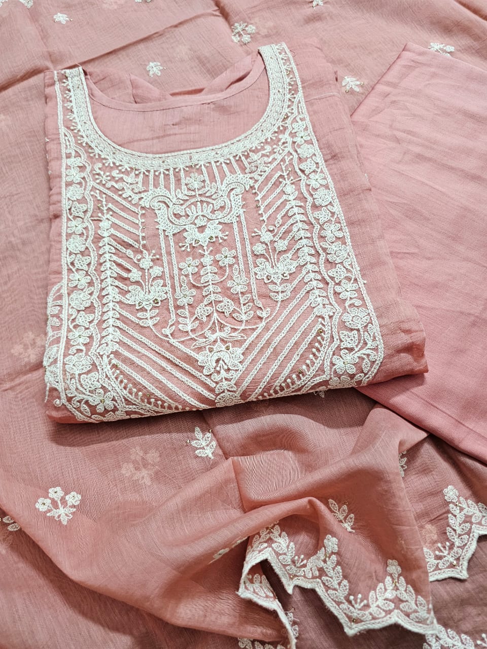 Elegant Pink Floral Machine Embroidered Three Piece Chanderi Mulmul Semi Stitched Suit Set