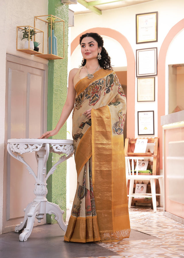 elephant-theme-kupaddam-pattu-kalamkari-saree-front-drape-view