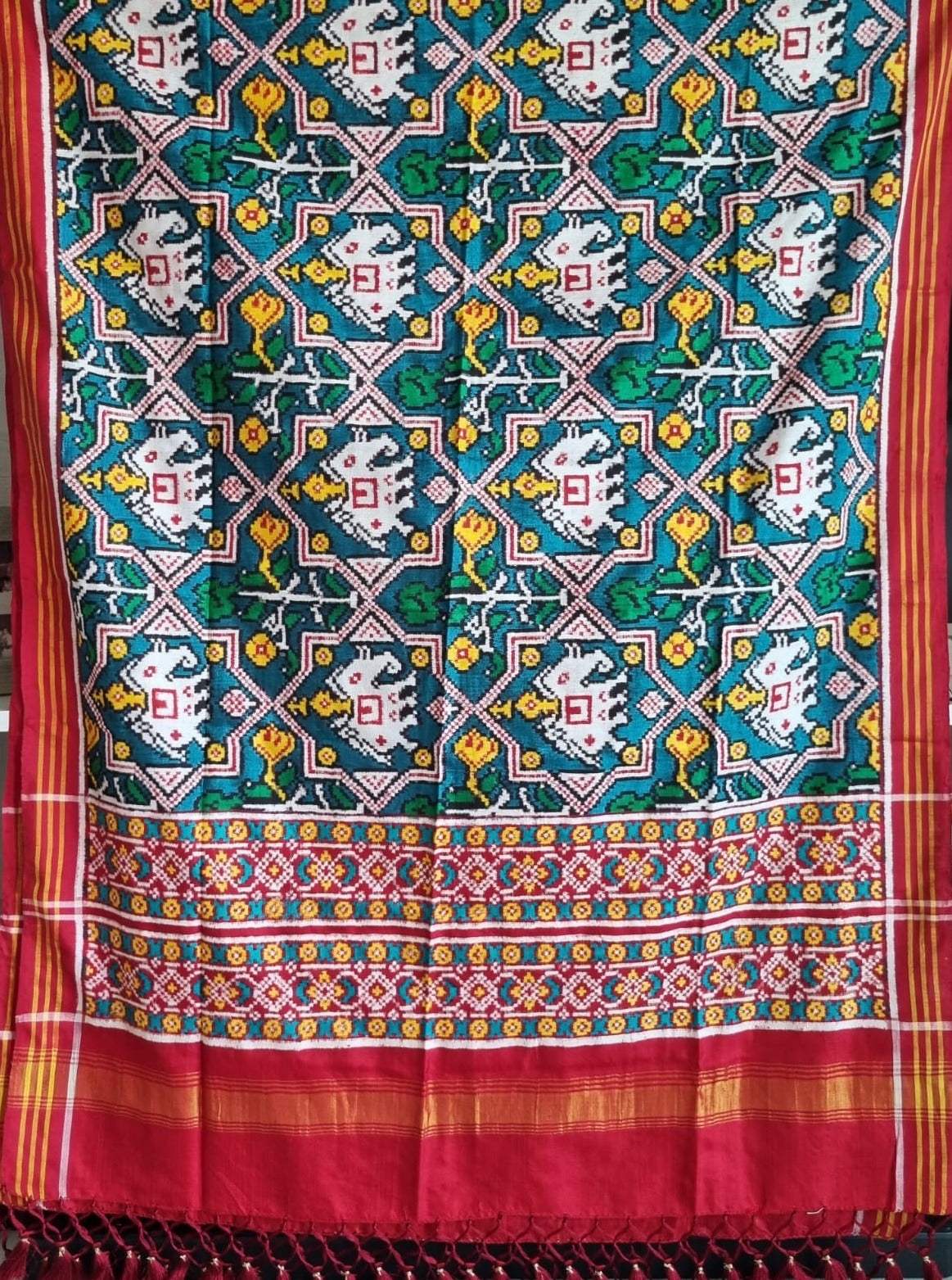Elephant and Floral Theme Turquoise Pure silk double ikat/patan patola dupatta