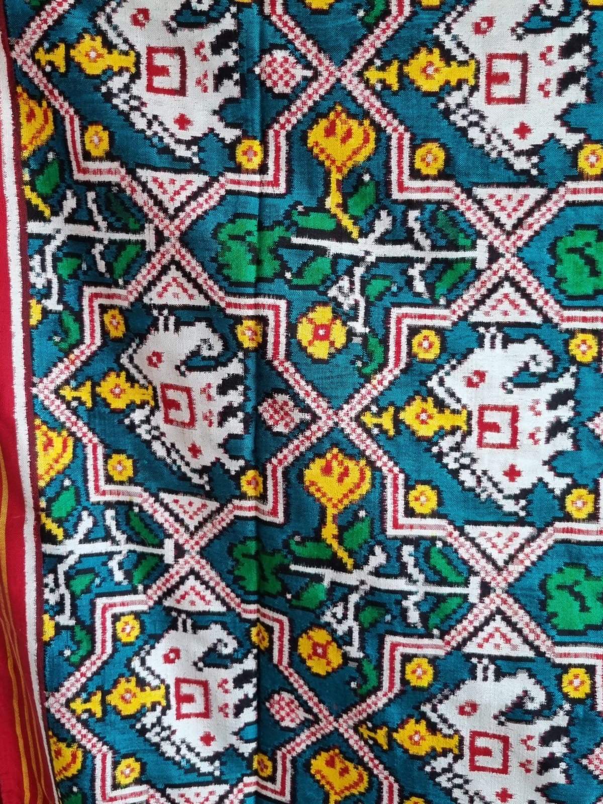 Elephant and Floral Theme Turquoise Pure silk double ikat/patan patola dupatta