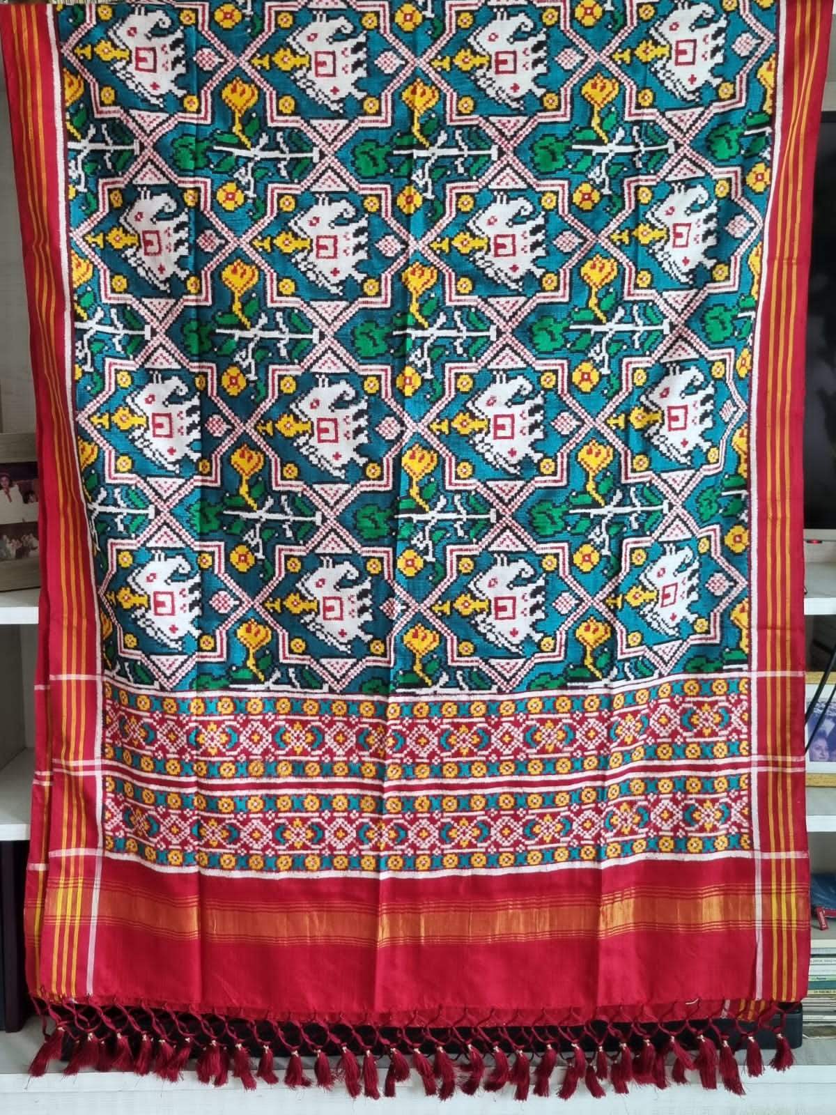 Elephant and Floral Theme Turquoise Pure silk double ikat/patan patola dupatta