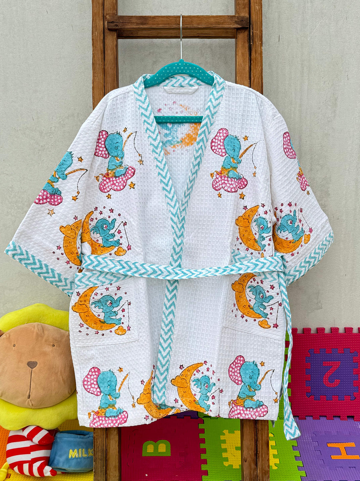 kids bathrobe block printed with cute elephant design in waffle cotton personalized with name for bulk orders and exports