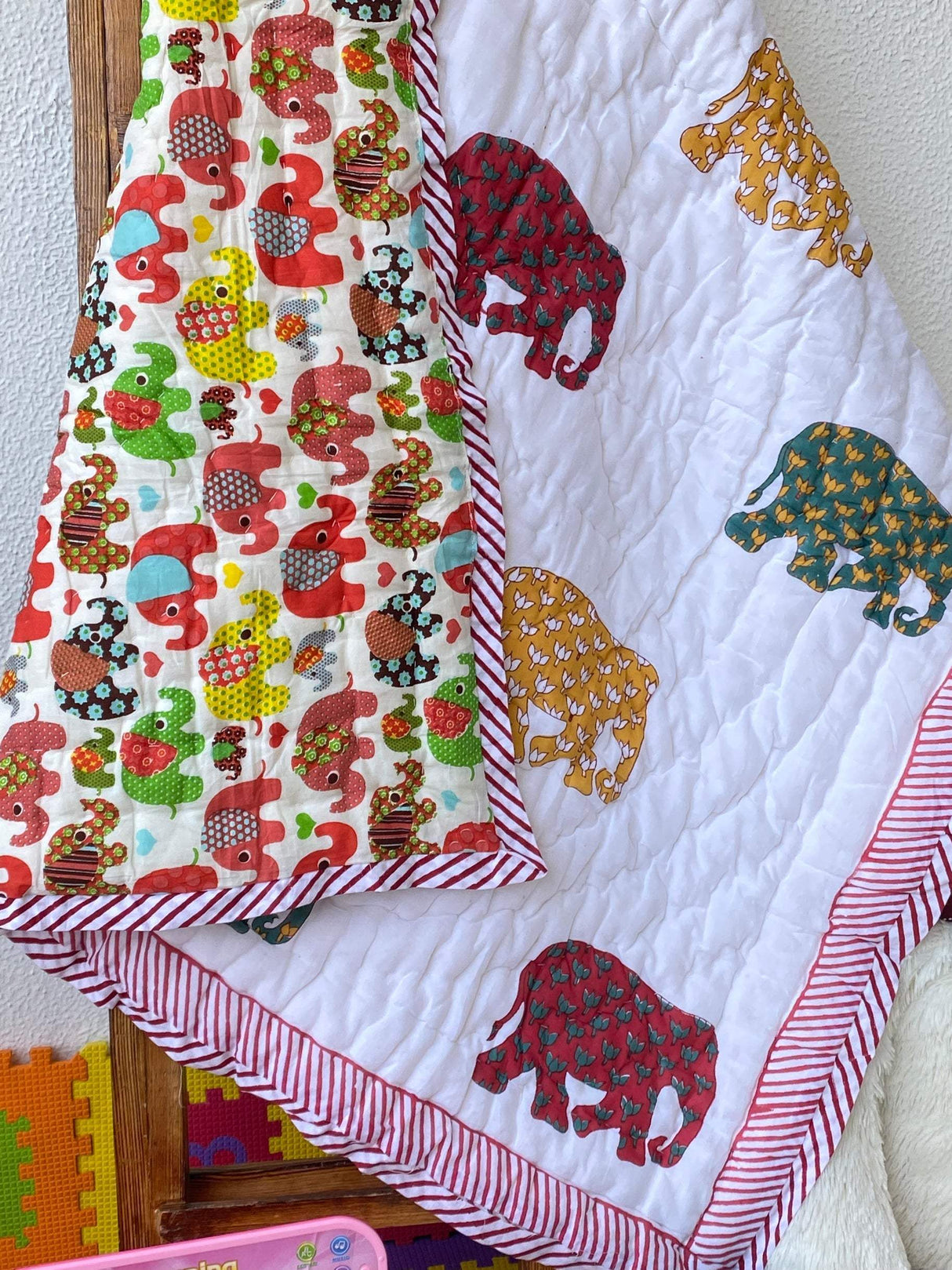 elephant quilt for newborns handcrafted in India loved by customers in New Zealand and Singapore