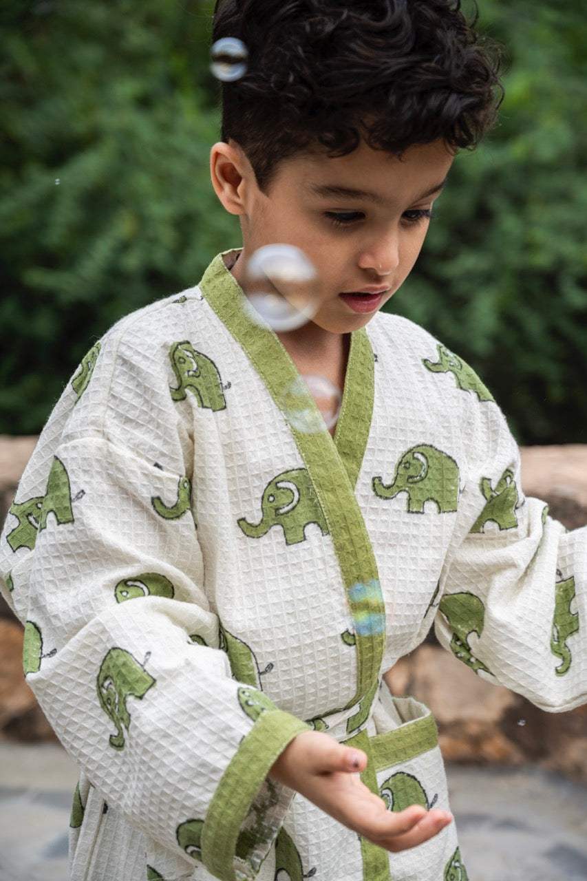 handprinted waffle cotton kids bathrobe with elephant pattern and name customization perfect for boutique resale in Indonesia and Norway