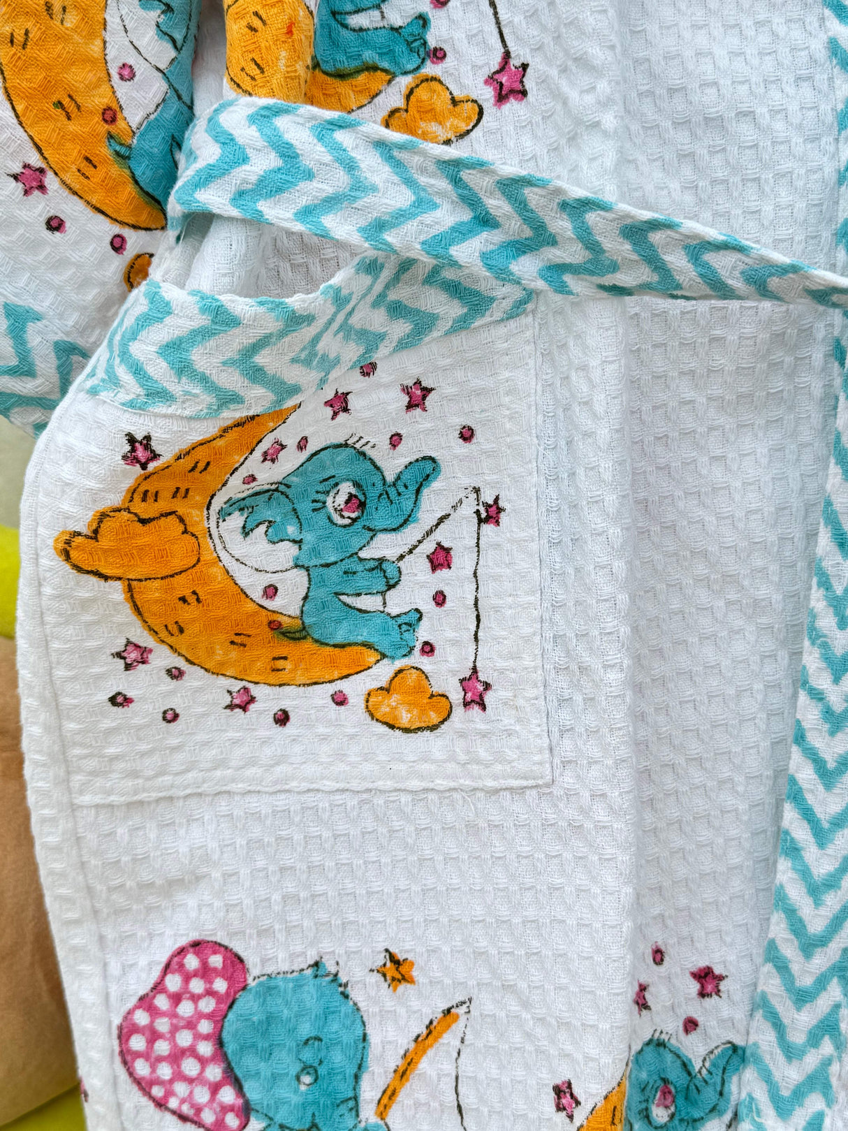 kids bathrobe with elephant block print in breathable waffle cotton fabric ideal for personalized return gifts and boutique orders