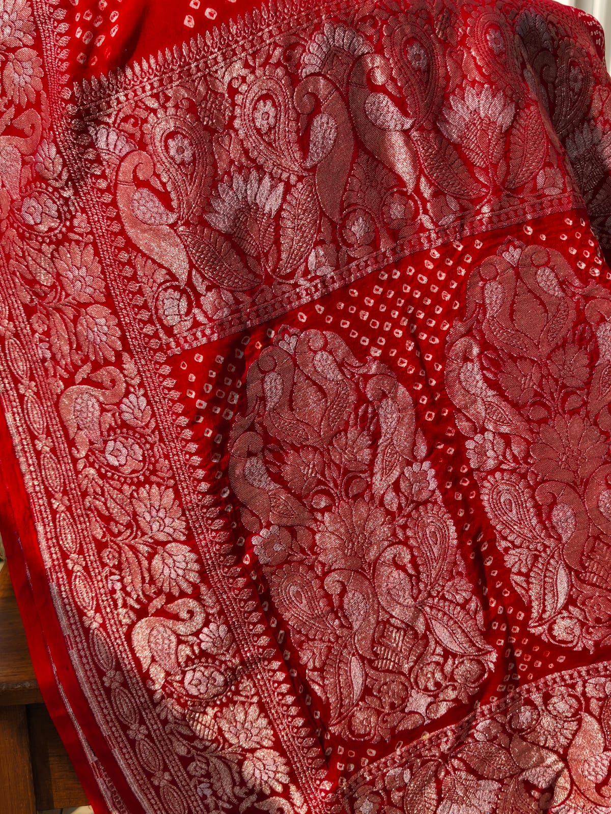 Red Very Exclusive Pure Banarsi Georgette Bandhani Dupatta with Beautiful Bird Theme Border
